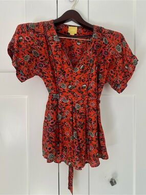Maeve Anthropology Silk  Red Floral V-Neck Tie-Waist Blouse S